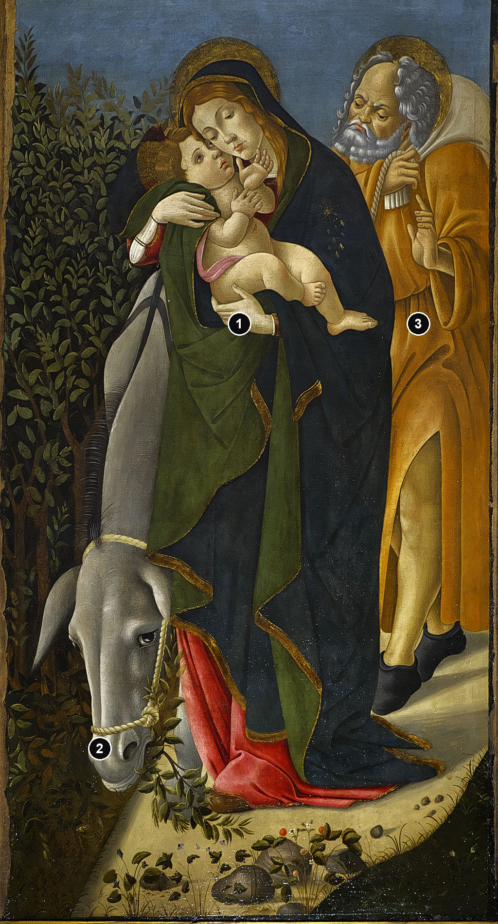 Annotated details from The Flight into Egypt by Sandro Botticelli or his workshop